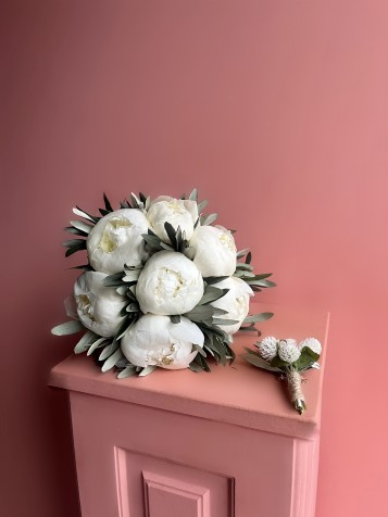 10 Adet Beyaz Şakayık ve Zeytin Dalları Gelin Buketi & Damat Yaka Çiçeği